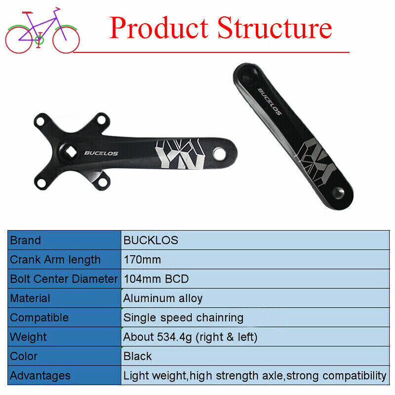 BUCKLOS 104BCD Crank 170mm Crankset 32-38t MTB Bike Narrow Wide Single Chainring