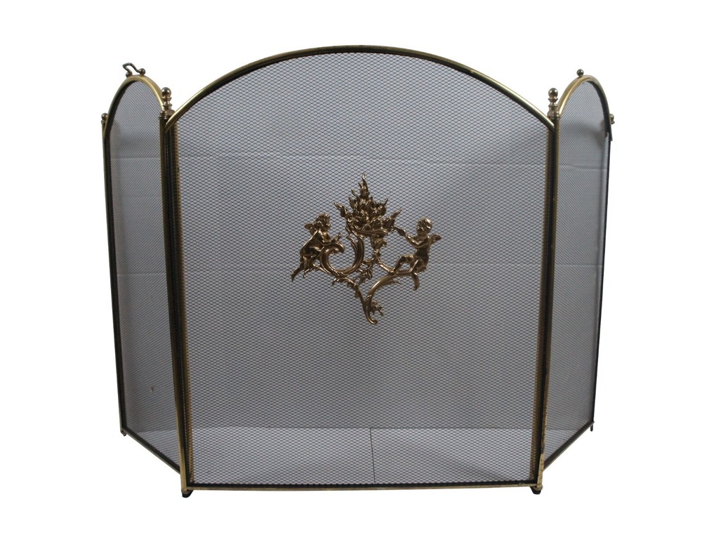 Antique Brass & Mesh 3 Panel Cherub Folding Fireplace Screen Hearthware 50"