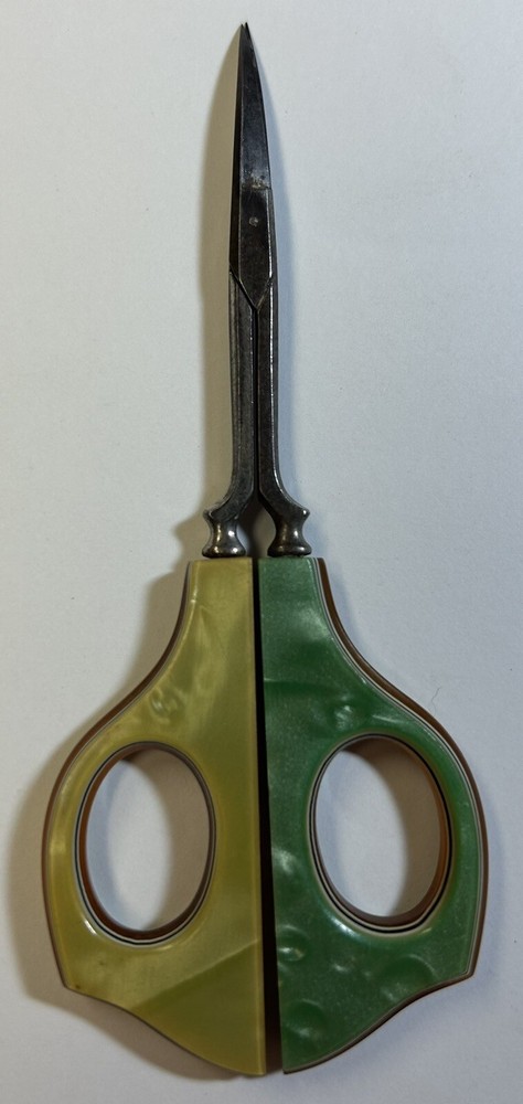 Green & Yellow Celluloid Handle Sewing Scissors, 5” Vintage