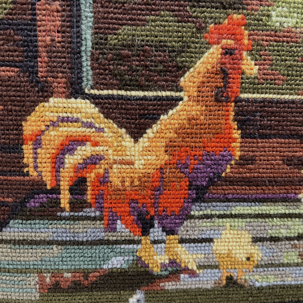 Needlepoint Art Framed Chickens Kitten Barn Feed Sack Landscape