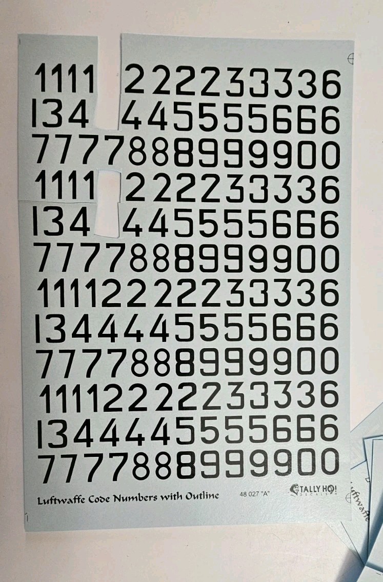 Tally Ho 48-027 Luftwaffe Code Numbers w/ Outline - 1:48, 8 Sheets, 7 Colors