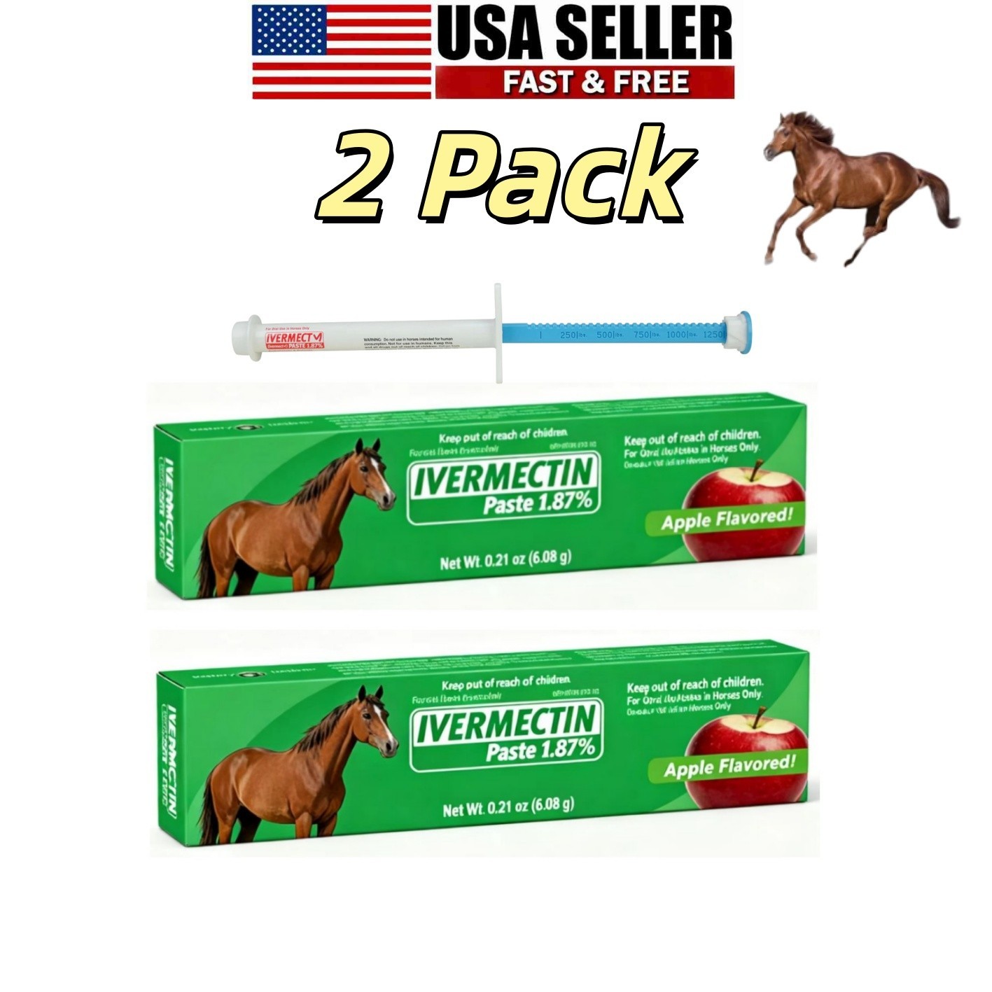 2 Pack New Paste Wormer Horse Dewormer Apple Flavor US Free Shipping