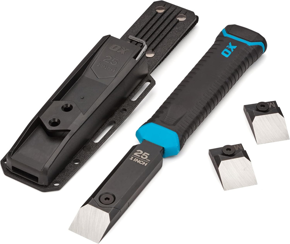 Pro 1" Replaceable Tip Wood Chisel with Holster and Extra Tips - Steel Full Tang