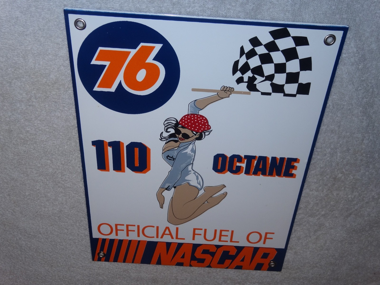 VINTAGE UNION 76 GASOLINE WOMAN +RACING FLAG 12" PORCELAIN METAL NASCAR OIL SIGN
