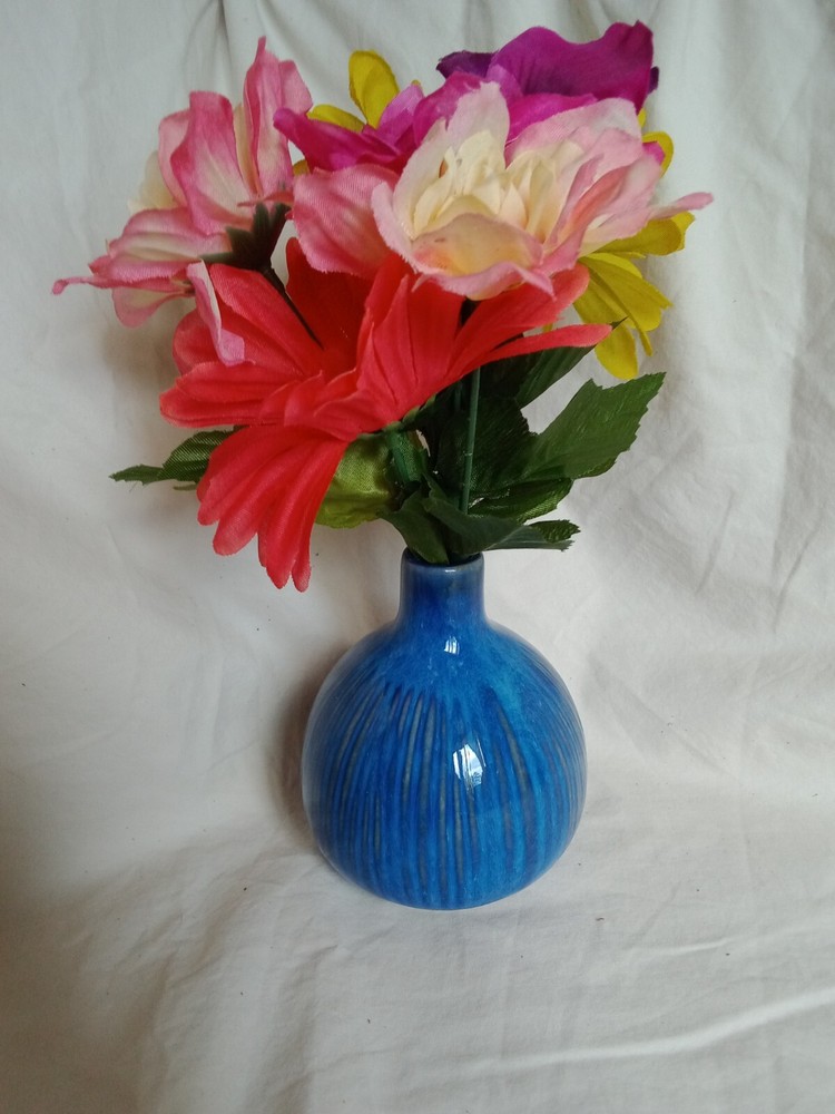 Vibrant, Unique Ceramic Bulb Vase, Blue with Grey Vertical Stripes. 