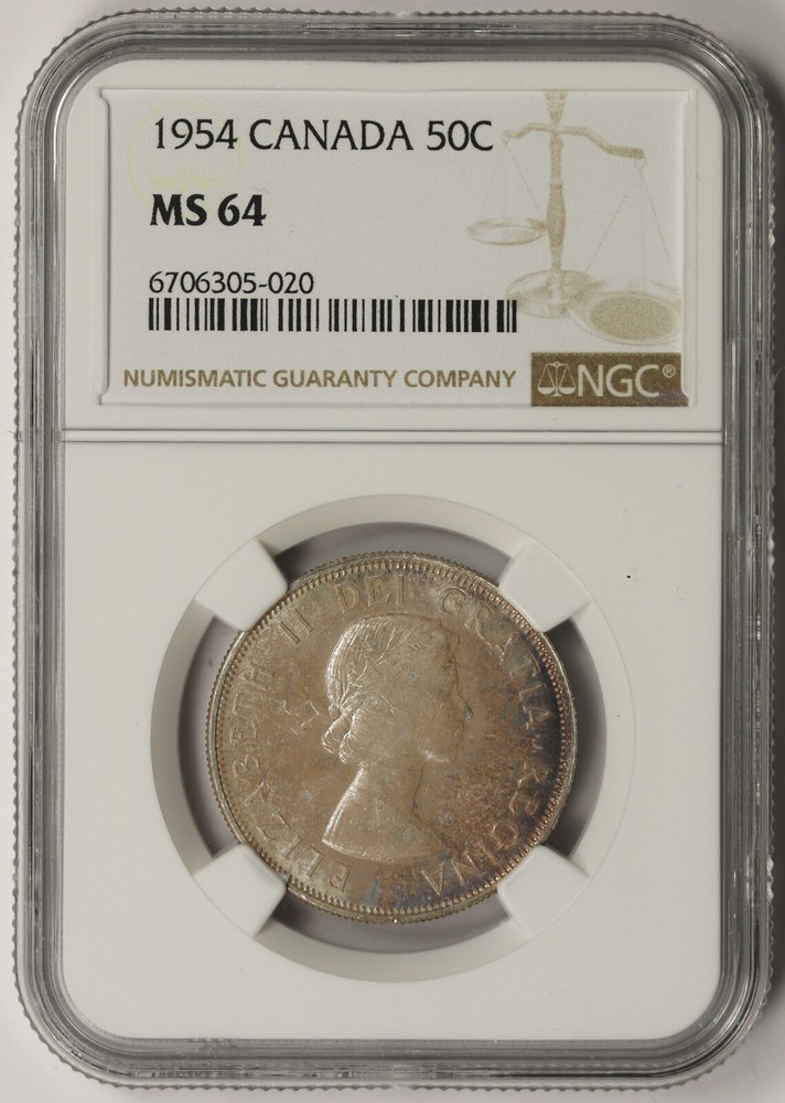 1954 Canada Silver Half Dollar 50C MS 64 NGC Toned