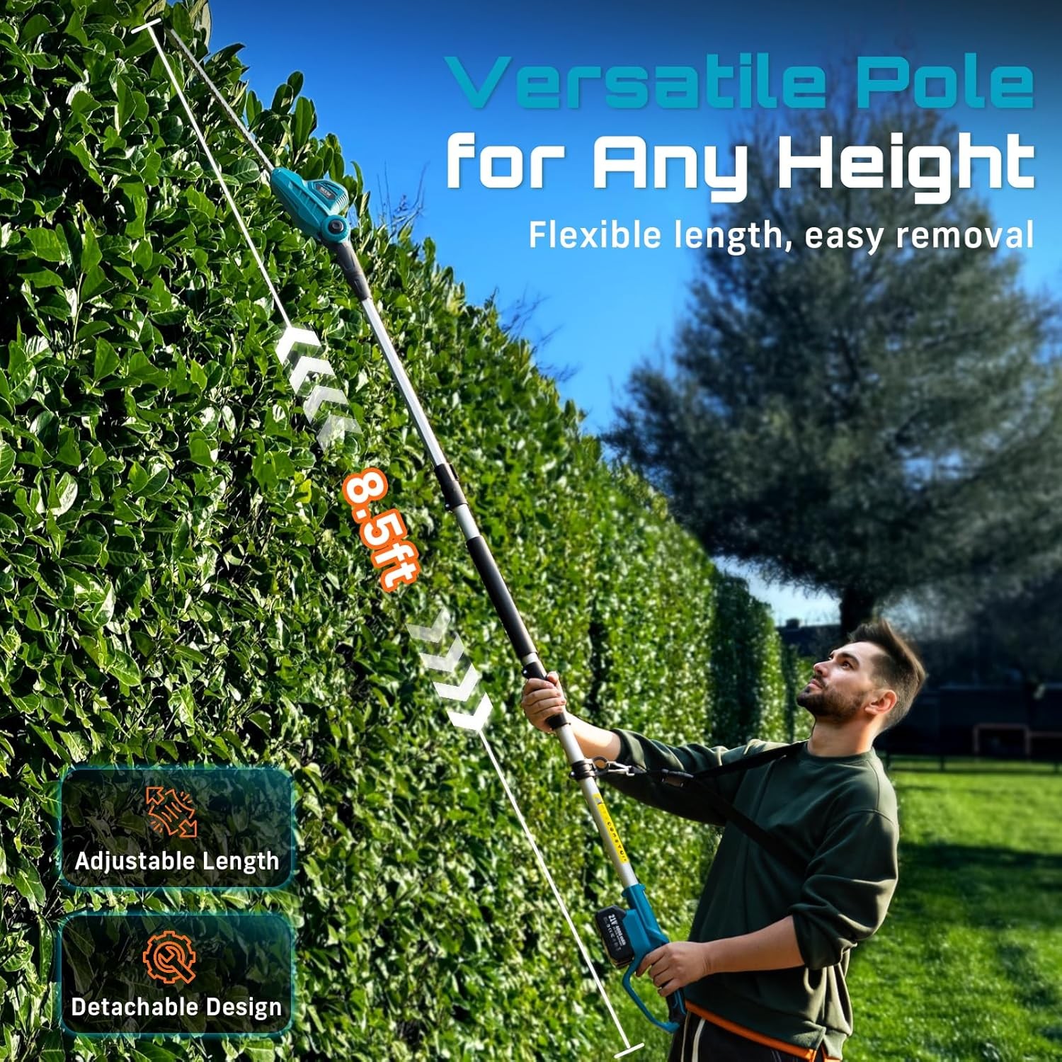 SEESII Pole Hedge Trimmer Cordless 20" Dual-Action Blade 8Ft Telescopic Pole