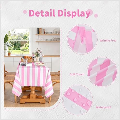 Striped Tablecloth 57 x 84 Inch 57" x 84" (Rectangular) Pink and White