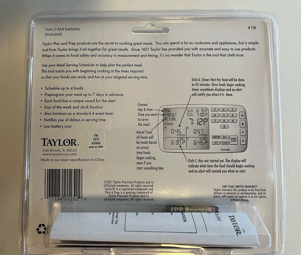 Taylor Plan & Prep Digital Meal Serving Scheduler Timer #750