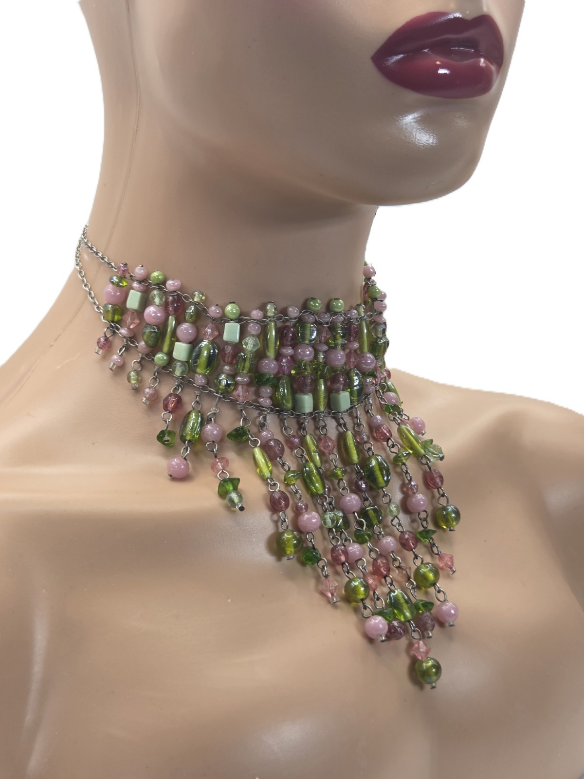 Vintage Artisan Made Cascading Tourmaline and Glass Bead Necklace