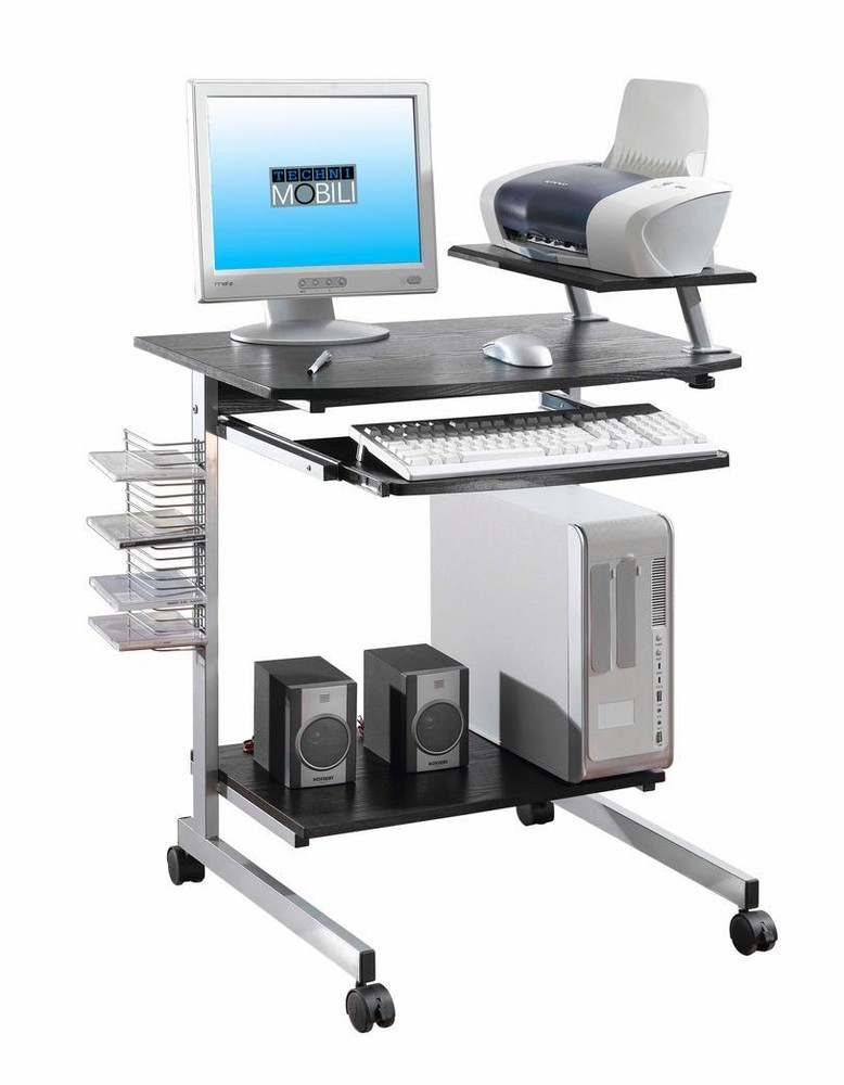 Compact Mobile Computer Desk with a Pullout Keyboard Tray and Shelf in Espresso