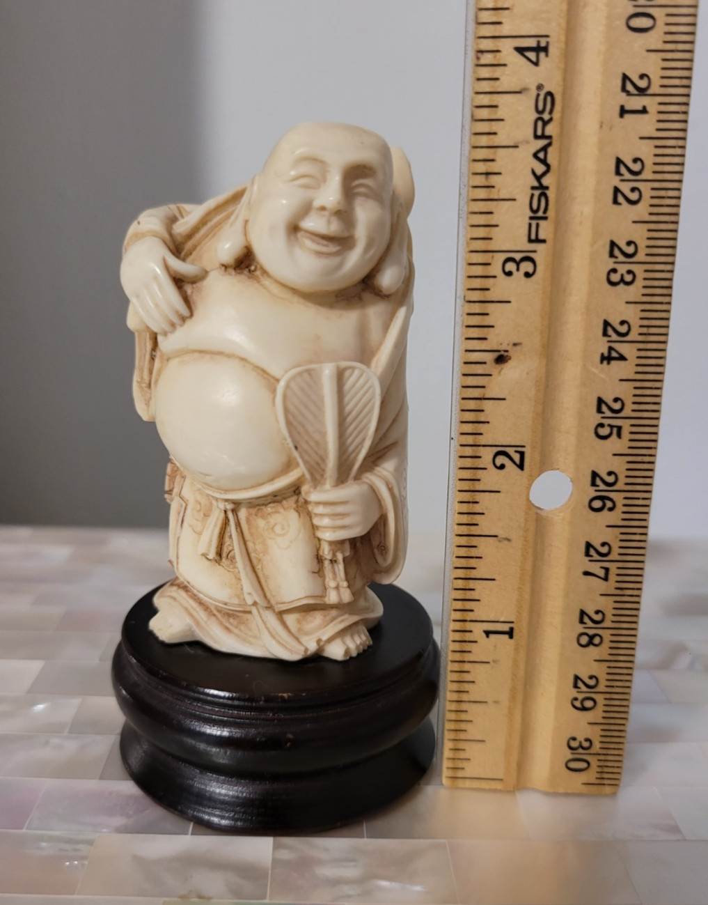 Vintage Japanese Carved Happy Buddha Figurine on Wood Stand 3-3/4" tall