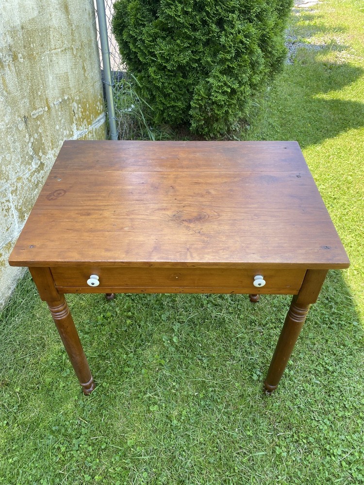 Antique Solid Maple Farmhouse Table with Drawer, Turned Legs, Rustic Desk