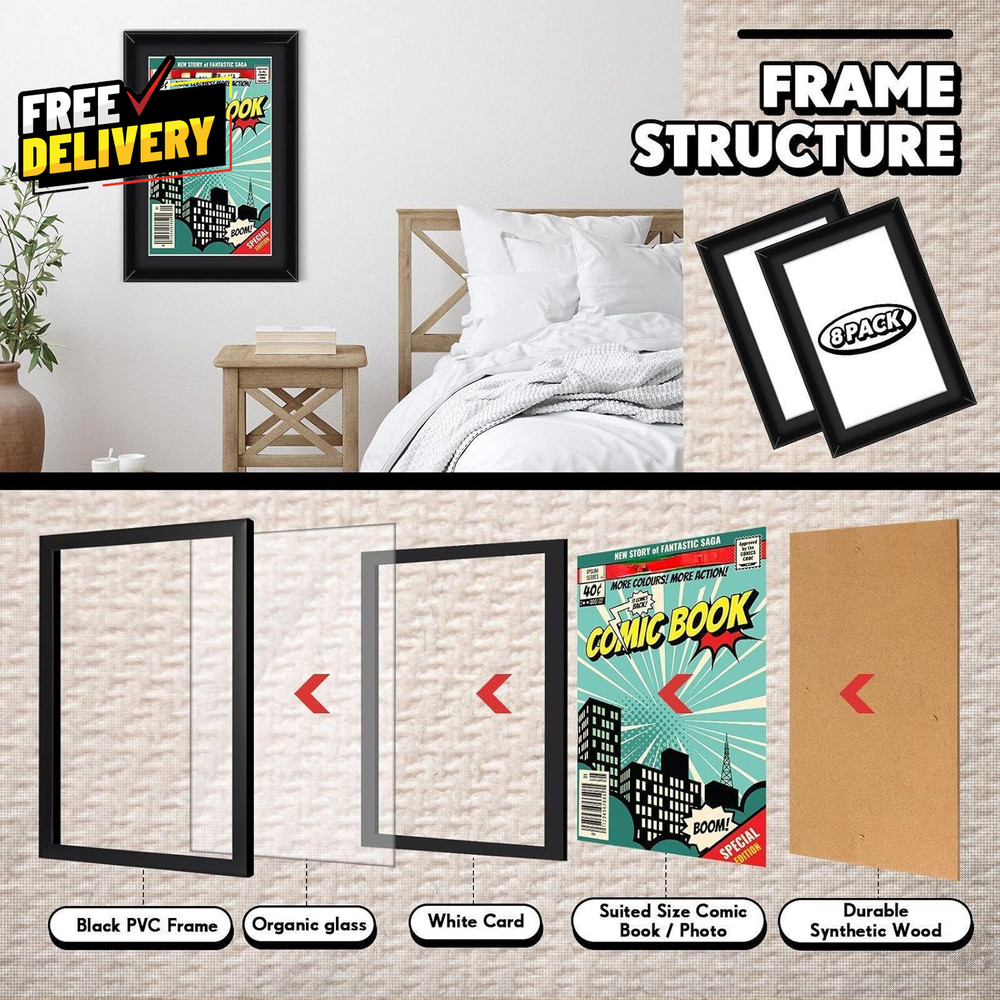 8-Pack Comic Book Frames UV Protection Wall or Tabletop Display Black White…