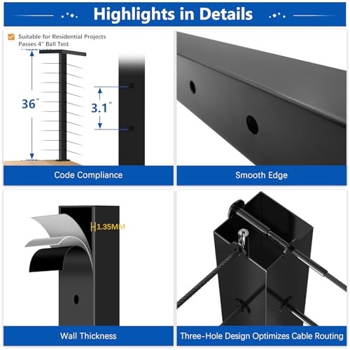 36" T304 T-drilled Cable Railing Corner Post(Post 35"x2"x2"), Three Sides Wire