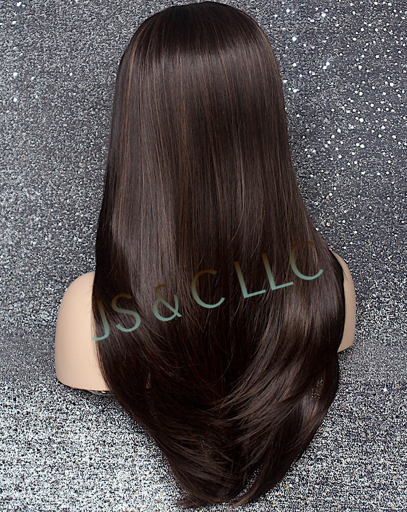 Long Straight Human Hair Blend Mono Top Full Lace Front Wig Brown mix 4-27 WBDL