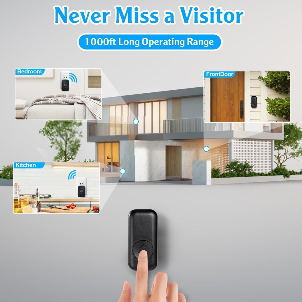 New Wireless Doorbell Chime Waterproof Plugin Receiver Adjustable Volume 1000FT