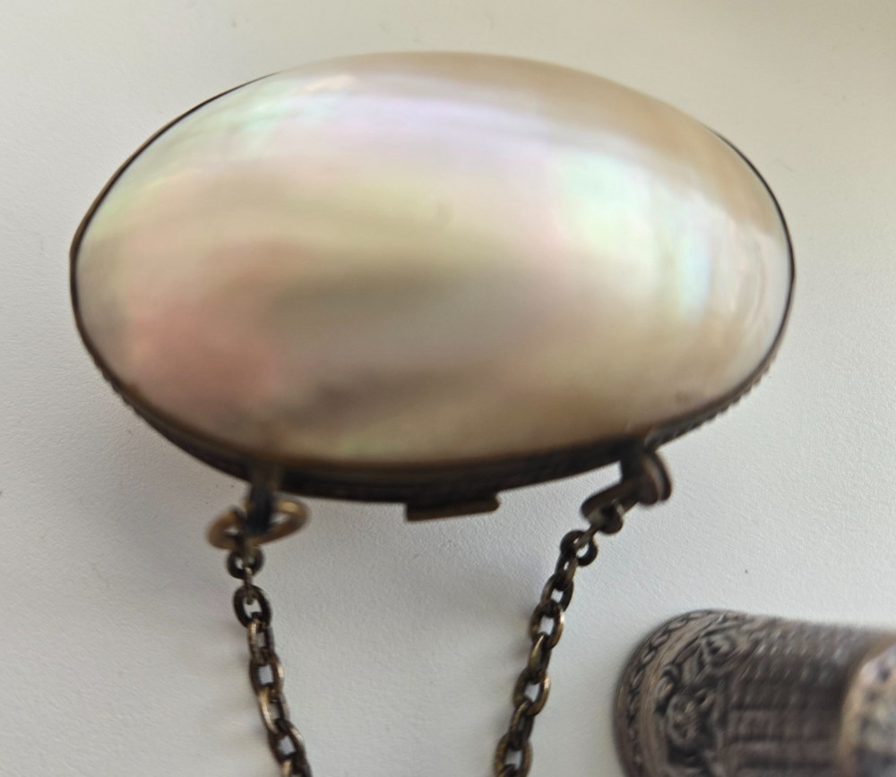 Antique MOP Shell Brass Thimble Holder Chatelaine Chain Figural Silver Thimble