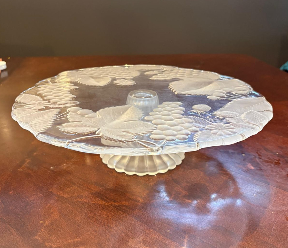 Clear Glass Cake Server Stand -Unique Decorative Leaves And Grapes