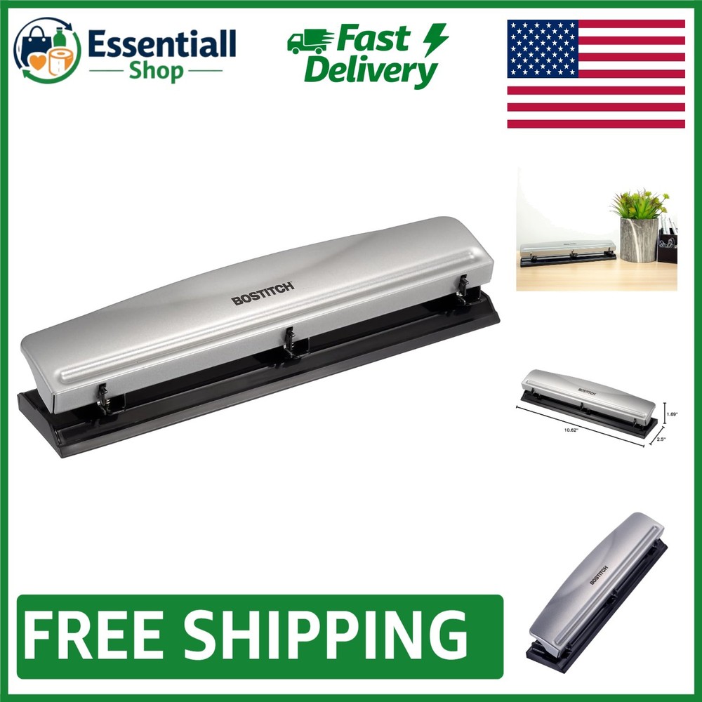 Compact Manual 3 Hole Punch - 12 Sheet Capacity, Easy-Clean, Rubber Stability