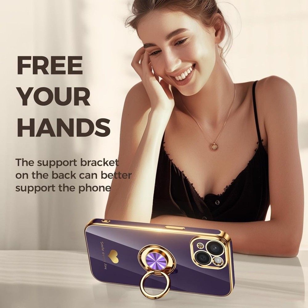iPhone 13 Case with 2 Pack Screen Protector, 360° Rotatable Ring Holder - Purple