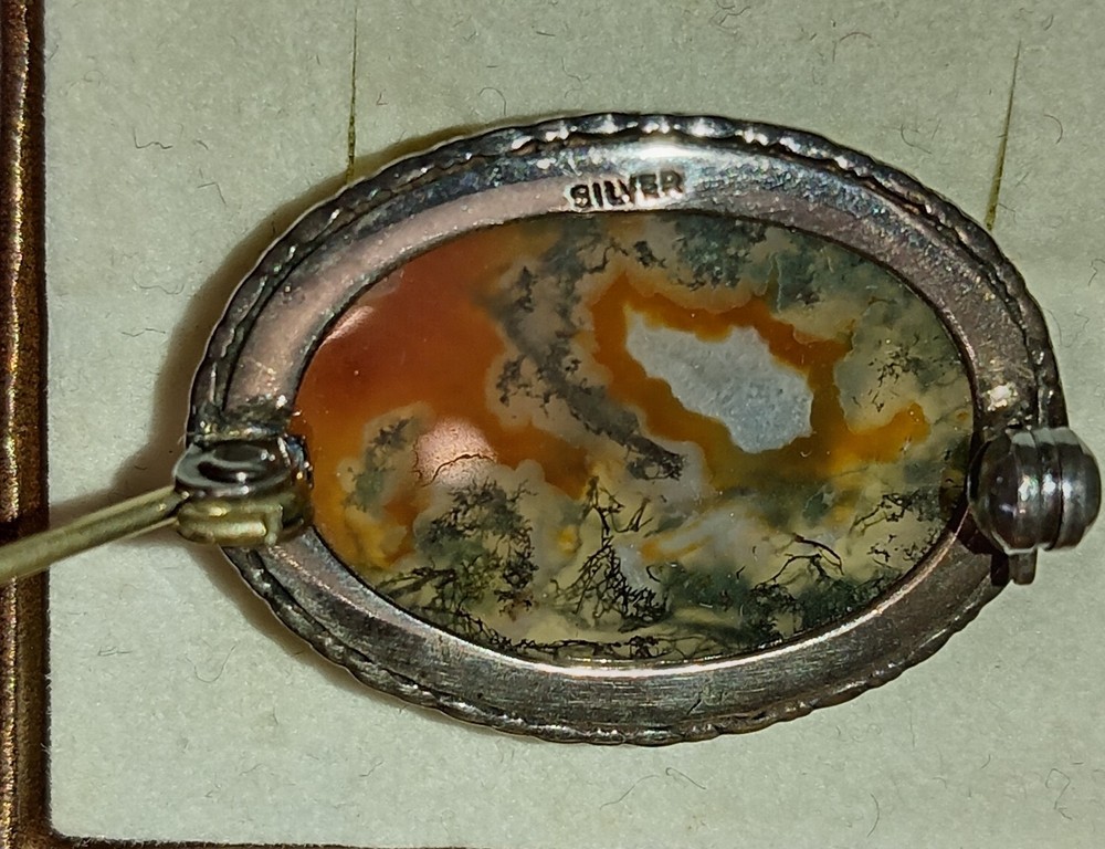Vintage Silver & Moss Agate Brooch