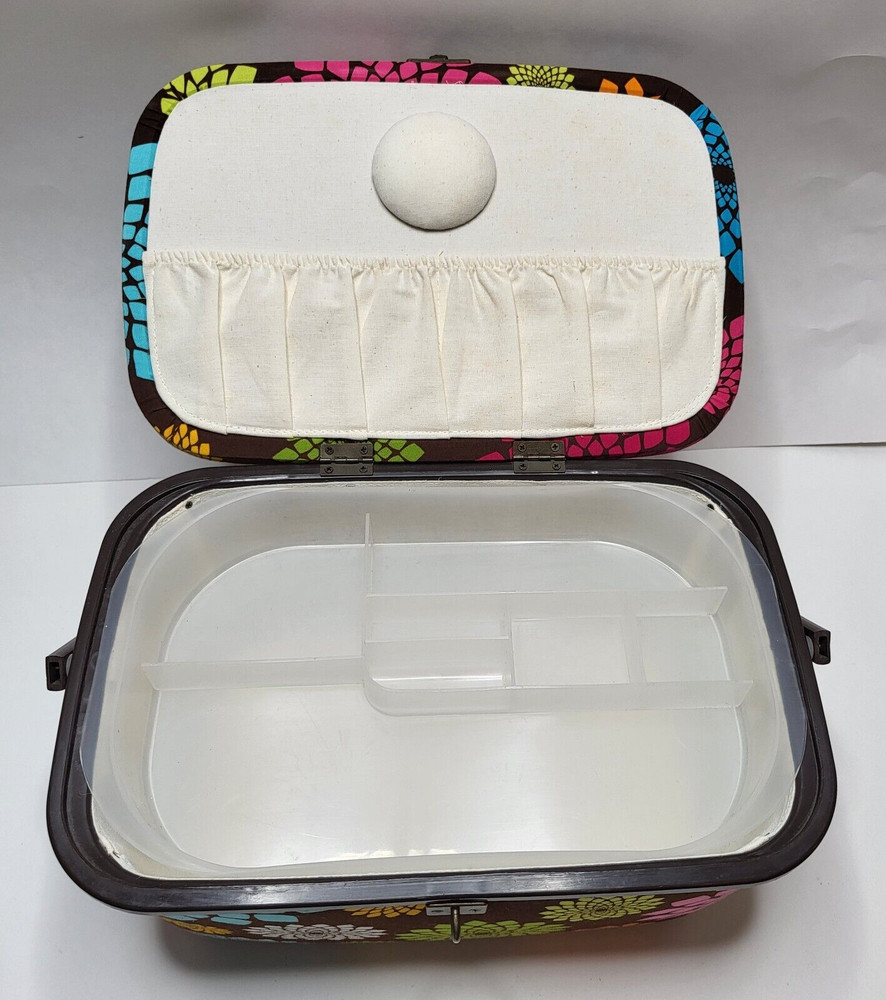 Sewing Basket Storage Case & Tray Insert Floral Abstract Brown with Hook Closure