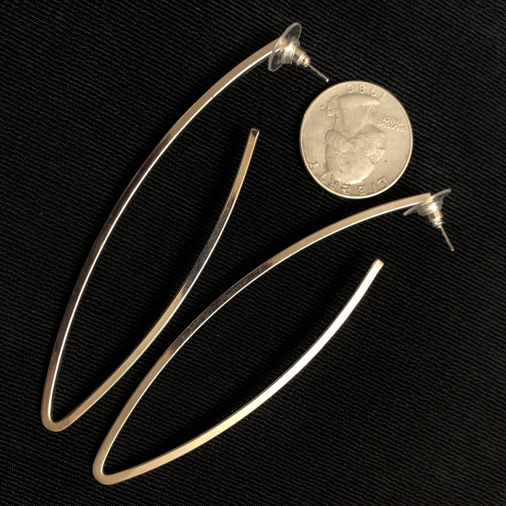 Vtg 80s Bold Dramatic Drop Silver Tone Hoop Post Earrings 3.5” Drop