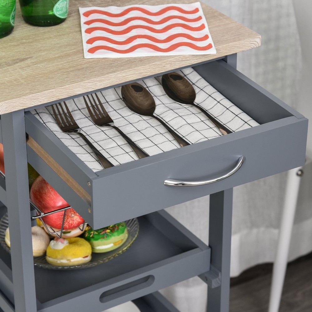 Rolling Kitchen Cart w/ Drawer, Basket, Trays & Solid Wood Frame, Gray