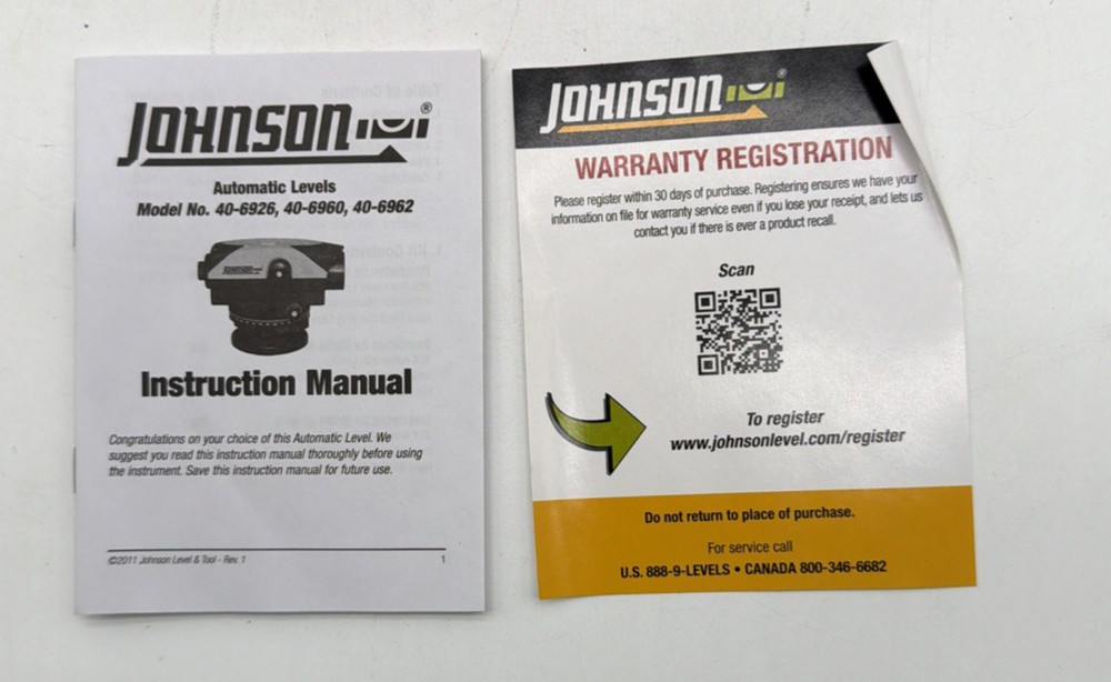 Johnson Level & Tool 26X Automatic Optical Level 40-6926 Case w/ Strap Manual