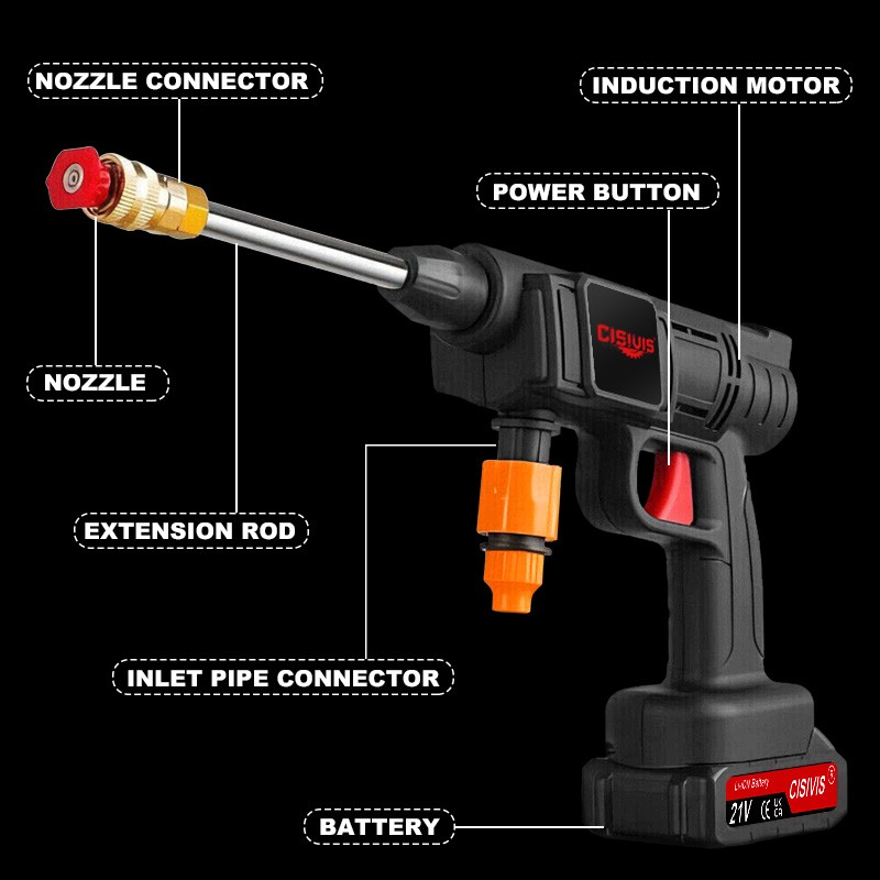 Cisivis Cordless High Pressure Car Washing Gun Pressure Washer Gun with 2 Nozzle