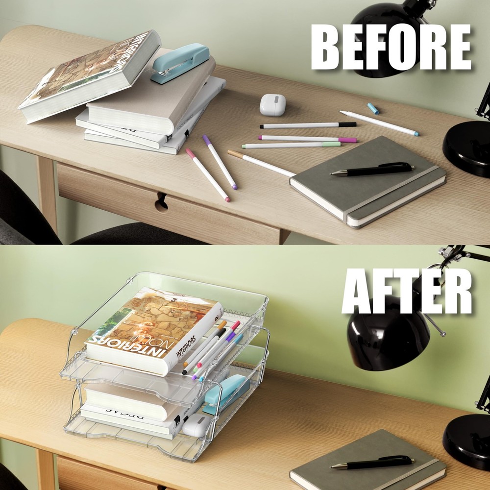 2-Tier Clear Stackable Letter Tray Organizer – Desktop File Holder for A4/Let...