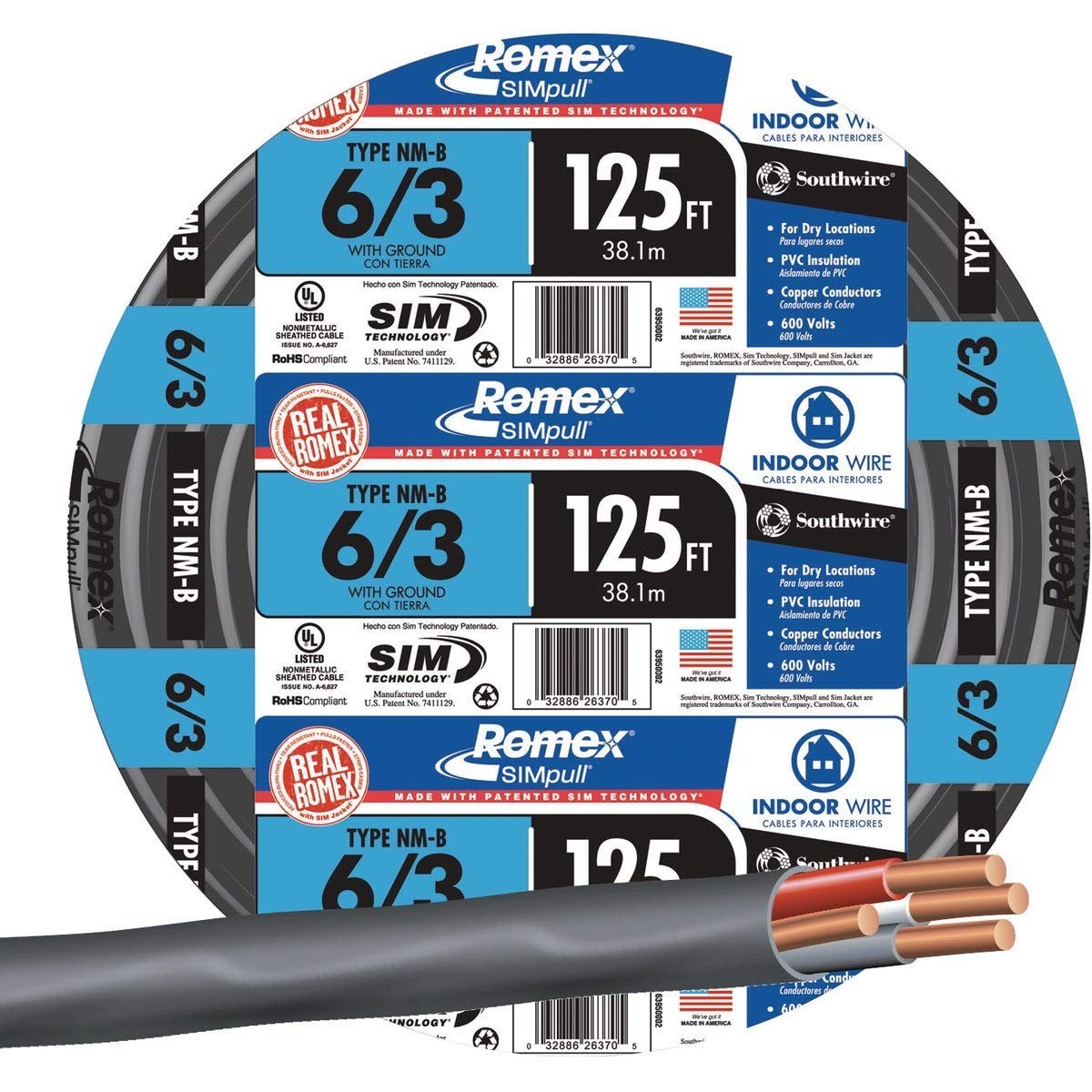 Southwire 125-ft 6/3/ Romex SIMpull Stranded Indoor CU NM-B W/G Individual Pack