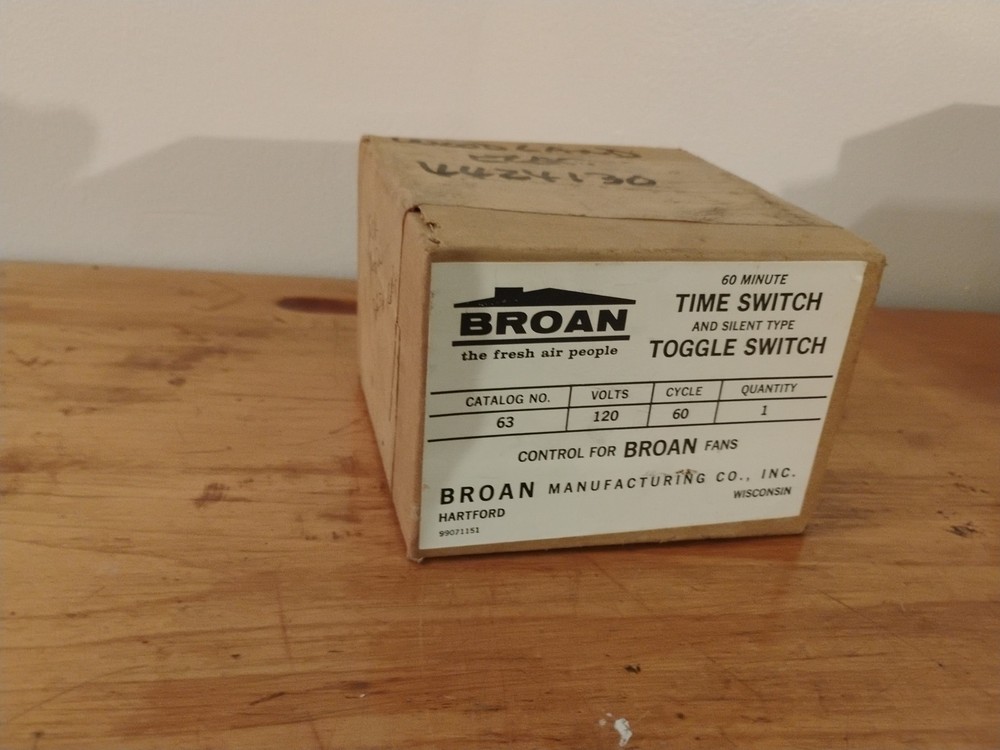 NEW Broan 63 Time Control & Silent Type Toggle Switch 60 minute/hold