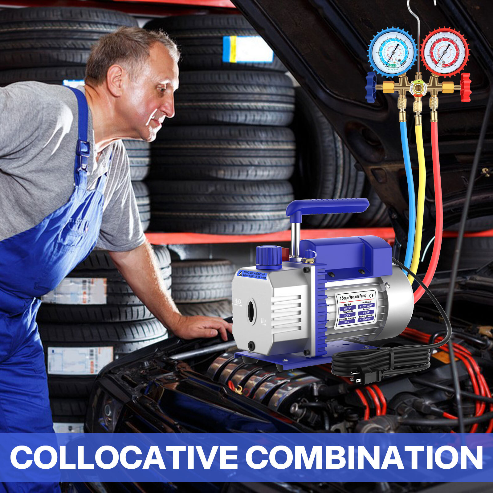 4 CFM 1/3HP Air Vacuum Pump HVAC Manifold Gauge Set AC A/C Refrigeration Kit US