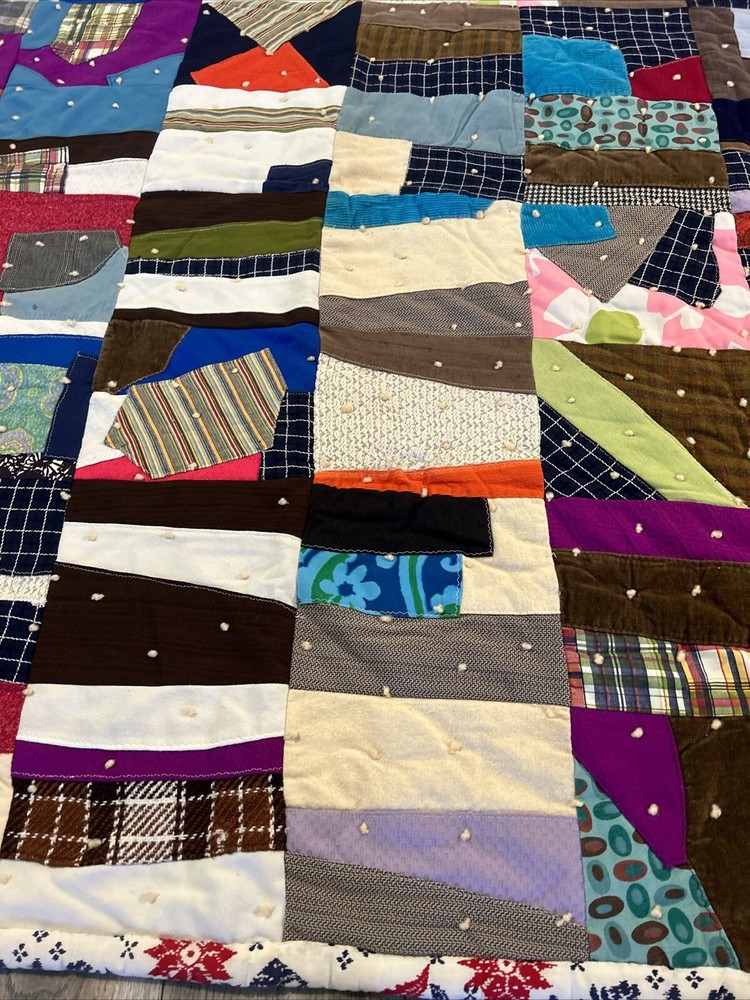 Crazy Patchwork Quilt Double Sided Handmade 78x65 Vintage 70s