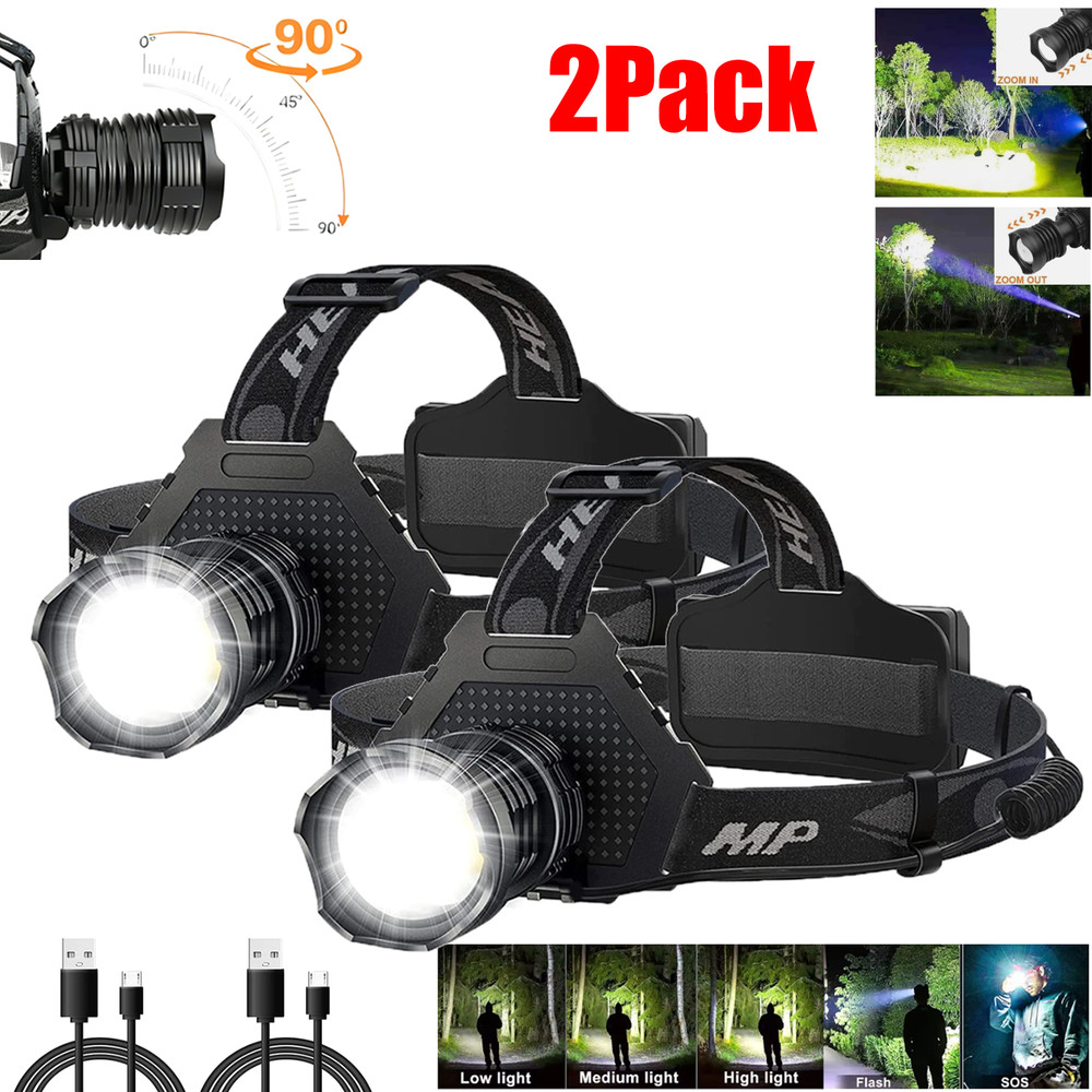 100000LM LED Headlamp Rechargeable Headlight Zoomable Head Torch Lamp Flashlight