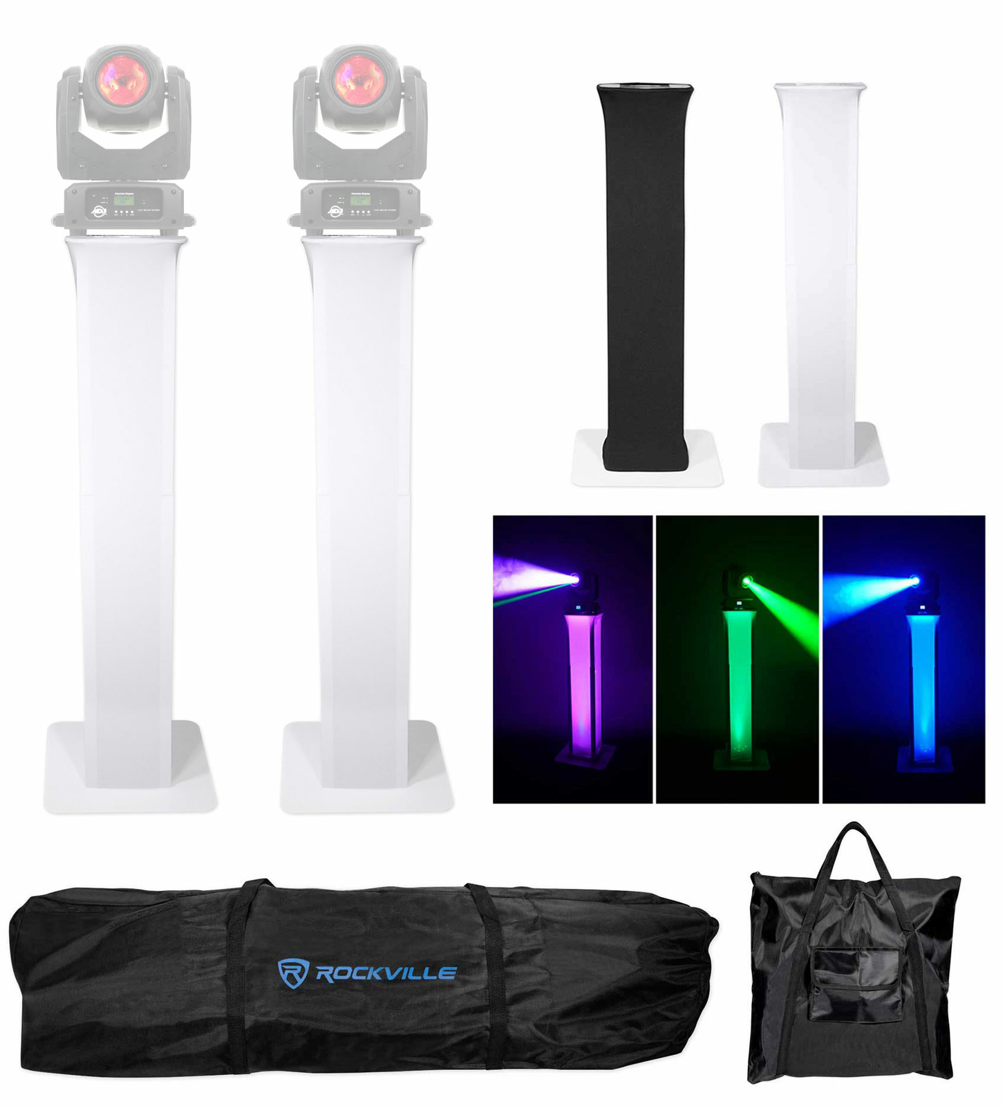 (2) Totem Stands+Black+White Scrims For (2) American DJ Vizi Beam RXONE Lights