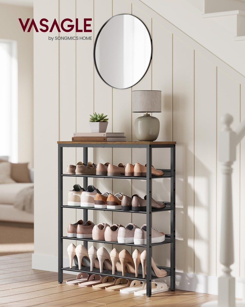 VASAGLE 5Tier Adjustable Industrial Shoe Rack Organizer for Entryway