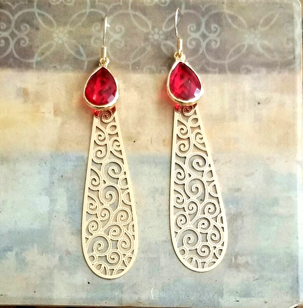 14k Gold Ruby Red Crystal Earrings Long Dangle Earrings Teardrop Earrings