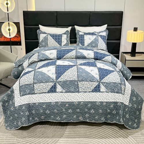 Patchwork Quilt Set Quilted Bedspread Coverlet Set 3-Piece King Size Grey