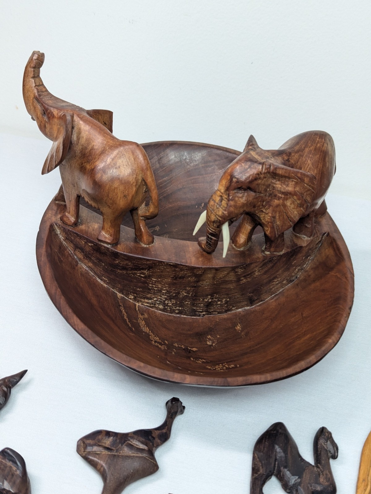 African Hand Made Carved Wooded Elephant Divided Bowl & Animal Serving Utensils
