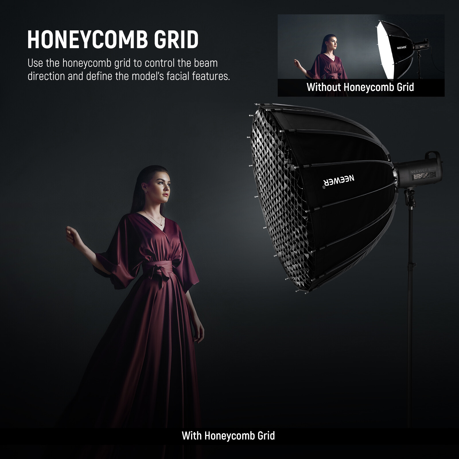 NEEWER 35.4"/90cm Parabolic Softbox Bowens Mount with Diffusers/Grid/Bag