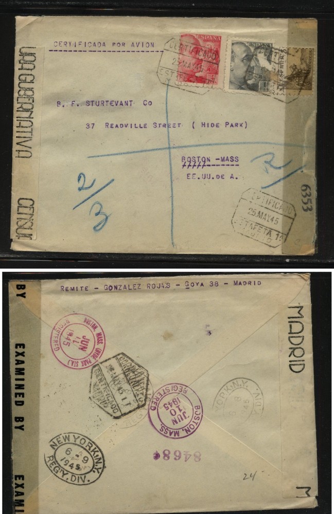Spain   nice double censor cover to US , nice markings  1945  MS0922