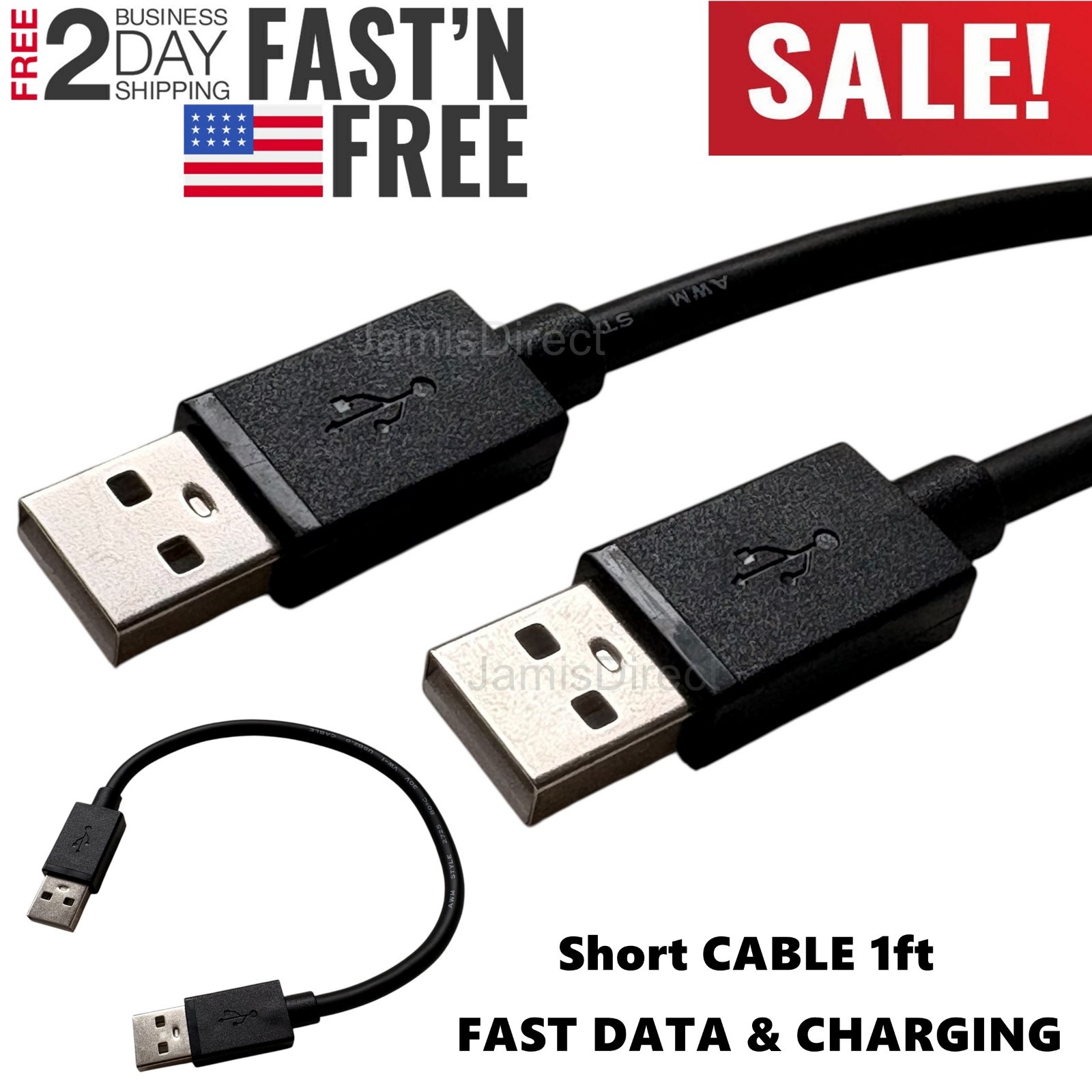 Short USB to USB Cable 1 ft USB 2.0 Type A to Type A Male Data Transfer Cord Lot