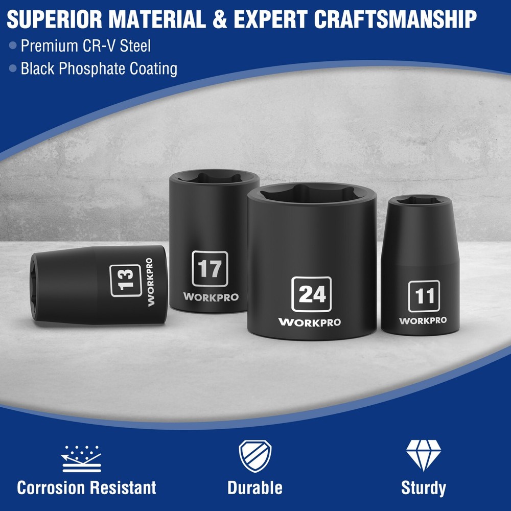 WORKPRO 1/2”Drive Shallow Impact Socket Set Metric Cr-V Steel 6-Point Socket Set