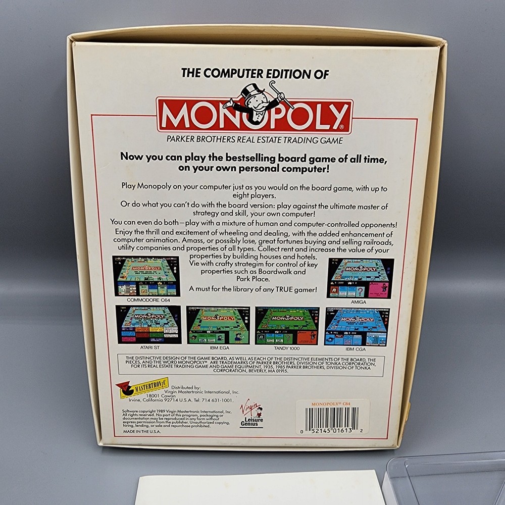 Computer Edition Monopoly Commodore 64/128 Disk Leasure Genius Parker Brothers