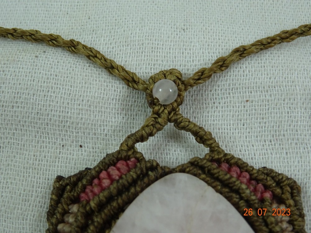 Artisan Oval Pink Topaz Stone Macrame Setting Statement Necklace 27' adjustable