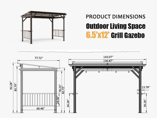 Domi Outdoor 6.5x12FT Hardtop Grill Gazebo w/2 Side Shelves &Ceiling Hook,Brown