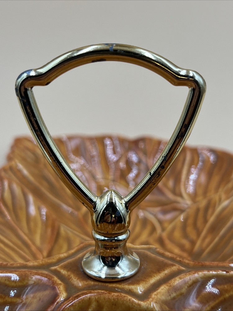 MCM USA Pottery Brown Double Leaf Candy / Nut Dish with Handle
